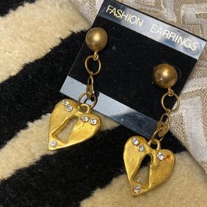 Gold and Rhinestone Heart Lock Earrings